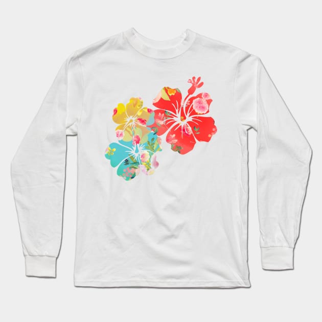 PixDezines Aloha Hibiscus in Coral Orange, Yellow, Aqua Long Sleeve T-Shirt by PixDezines